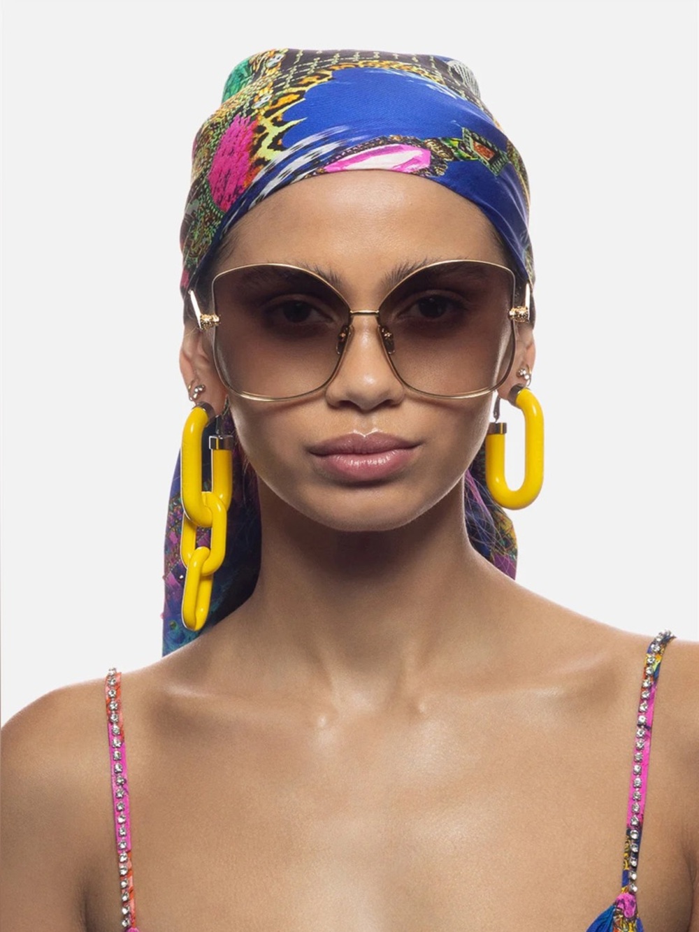 Camilla “Poolside Pedigree” soft brown gold oversized square boho sunglasses